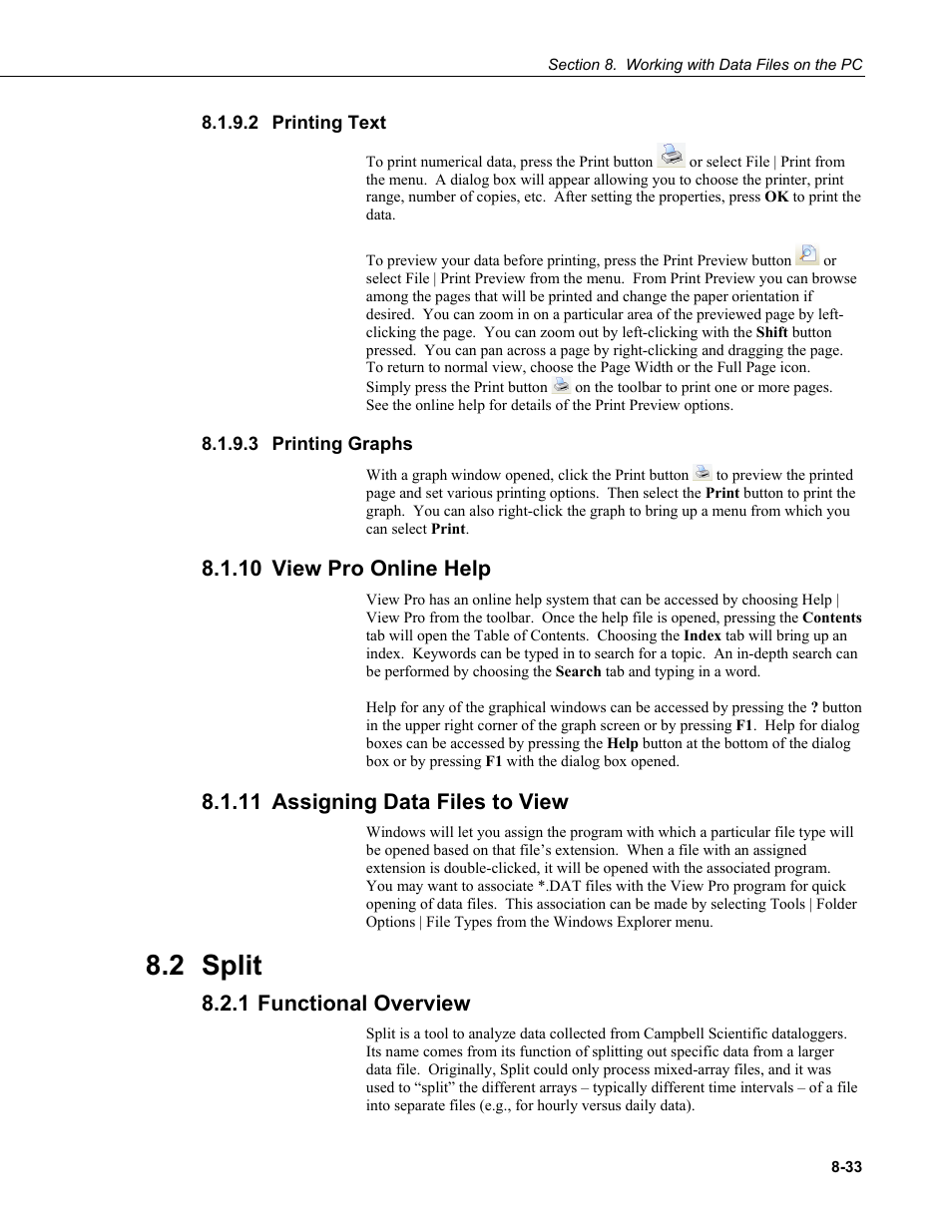 2 printing text, 3 printing graphs, 10 view pro online help | 11 assigning data files to view, 2 split, 1 functional overview, Printing text -33, Printing graphs -33, View pro online help -33, Assigning data files to view -33 | Campbell Scientific LoggerNet Datalogger Support Software User Manual | Page 331 / 580