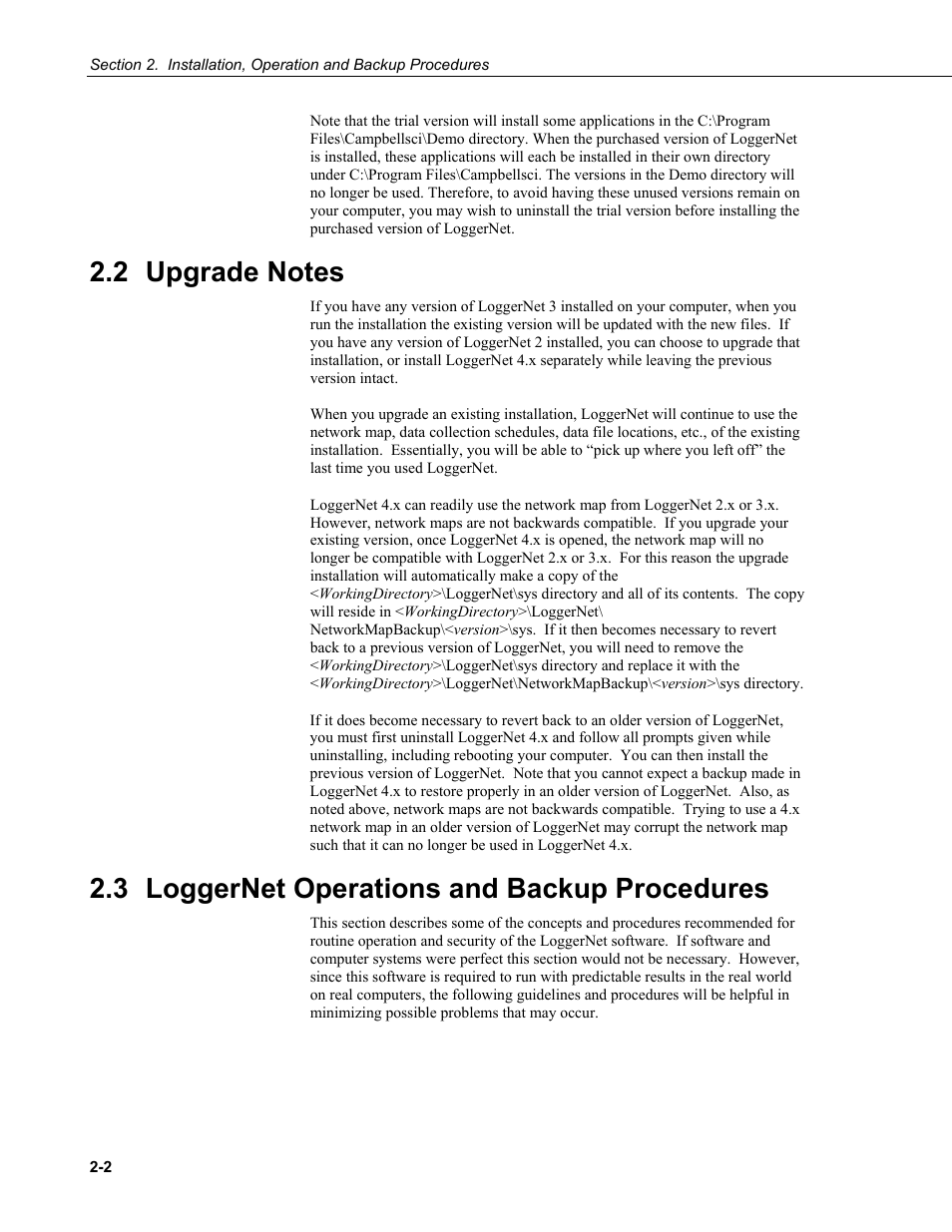 2 upgrade notes, 3 loggernet operations and backup procedures, Upgrade notes -2 | Loggernet operations and backup procedures -2 | Campbell Scientific LoggerNet Datalogger Support Software User Manual | Page 34 / 580