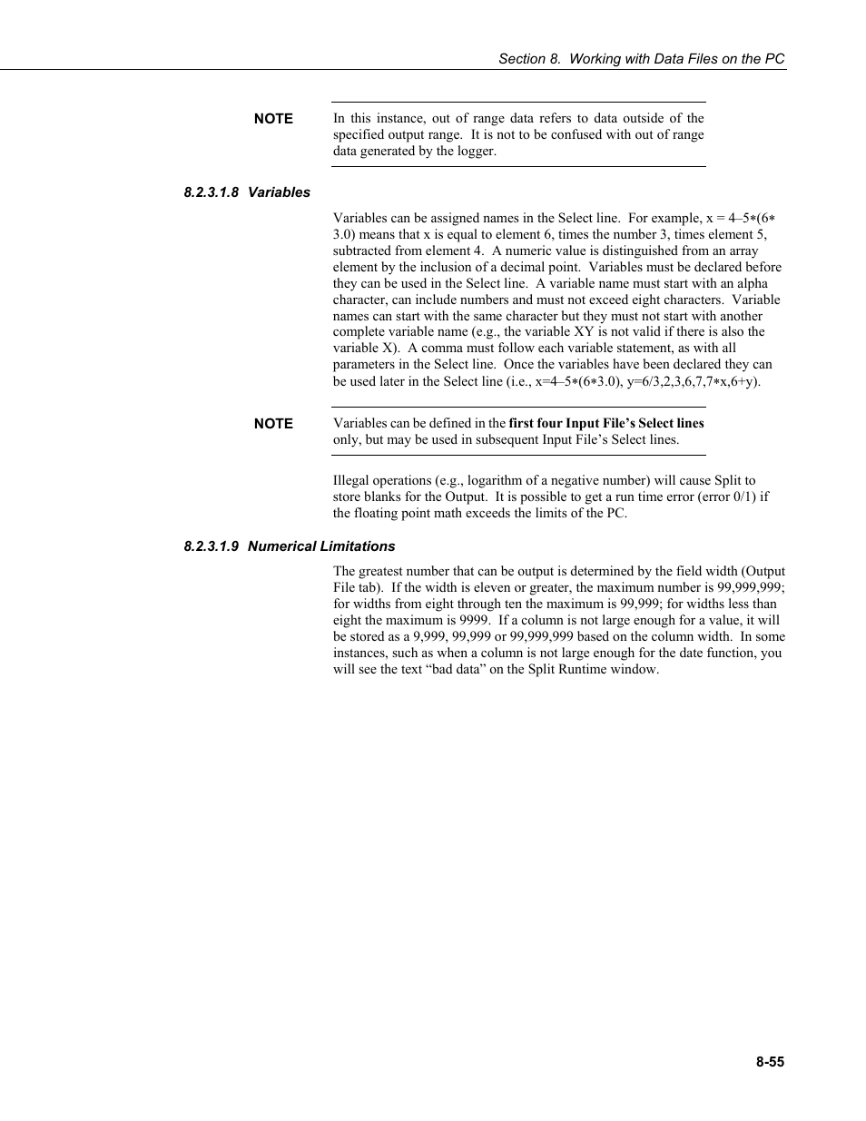 8 variables, 9 numerical limitations, Variables -55 | Numerical limitations -55 | Campbell Scientific LoggerNet Datalogger Support Software User Manual | Page 353 / 580
