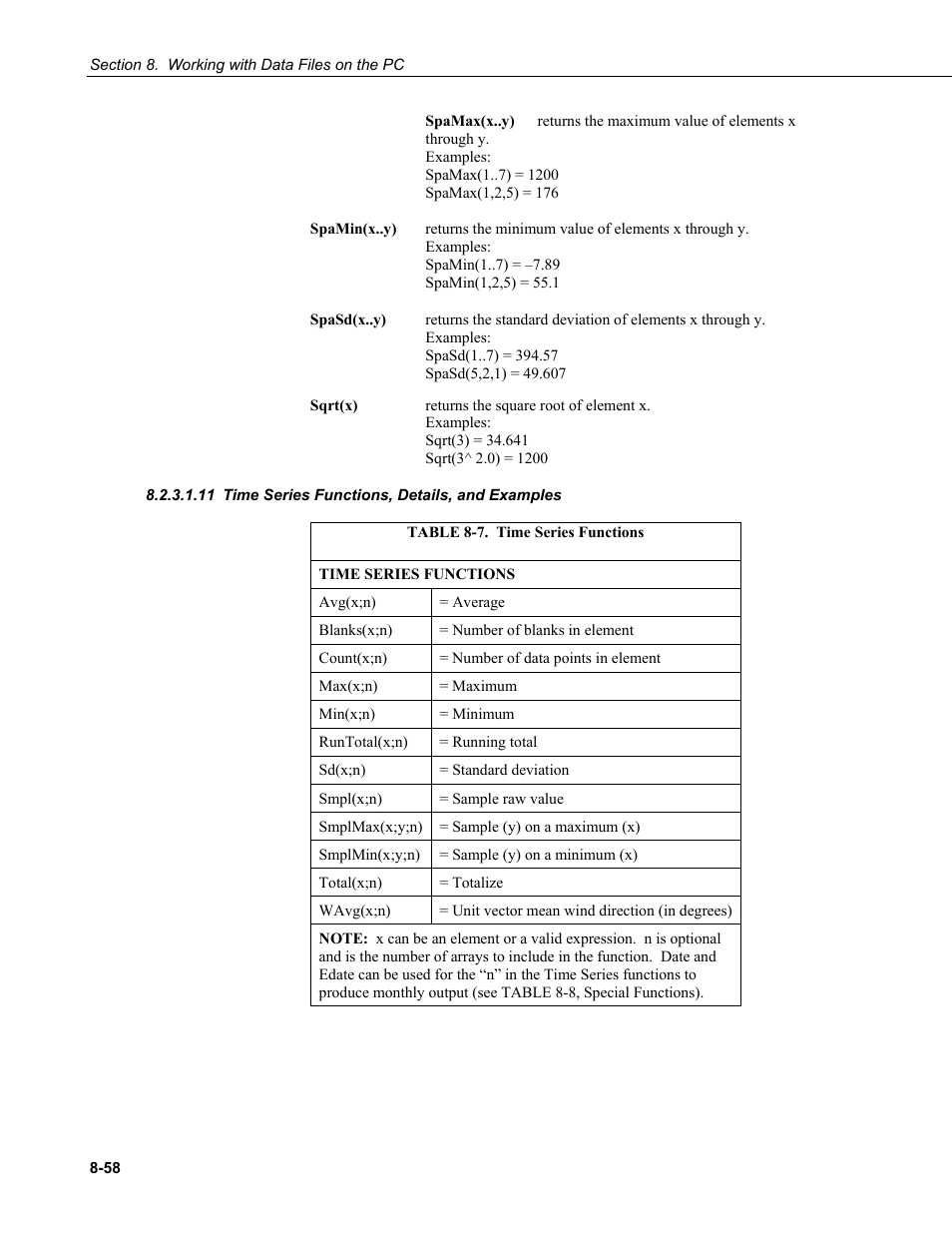 11 time series functions, details, and examples, Time series functions, details, and examples -58, 7. time series functions -58 | Campbell Scientific LoggerNet Datalogger Support Software User Manual | Page 356 / 580