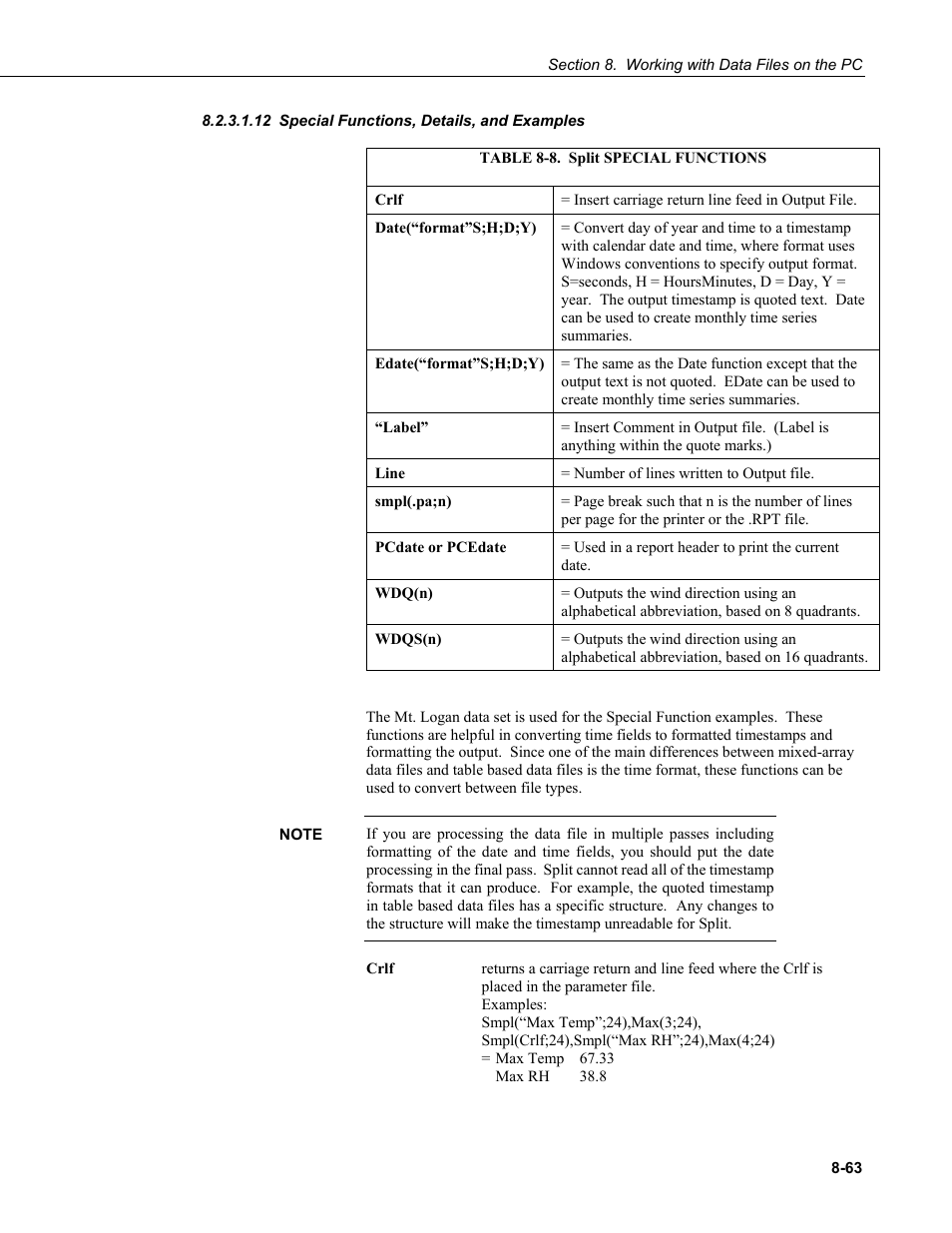 12 special functions, details, and examples, Special functions, details, and examples -63, 8. split special functions -63 | Campbell Scientific LoggerNet Datalogger Support Software User Manual | Page 361 / 580