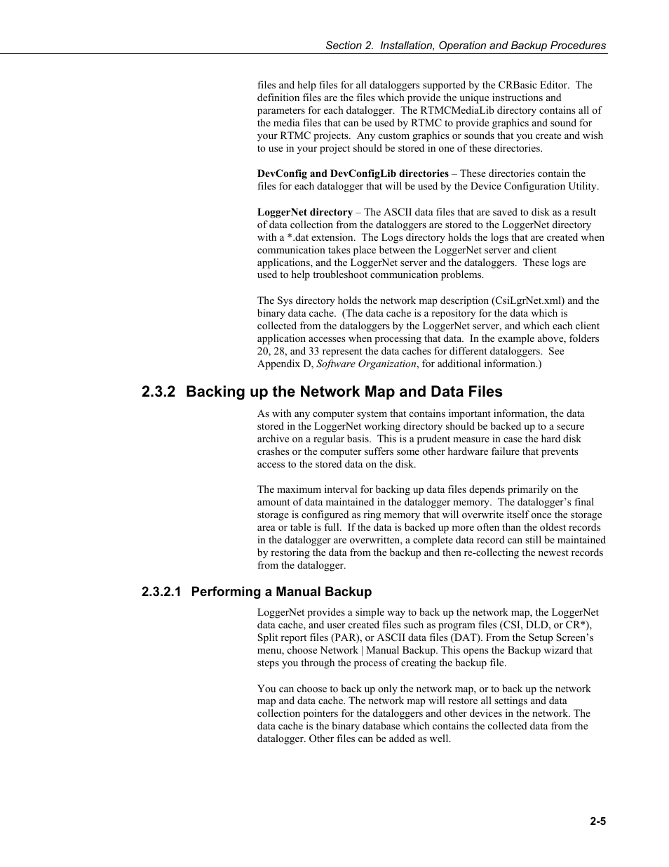 2 backing up the network map and data files, 1 performing a manual backup, Backing up the network map and data files -5 | Performing a manual backup -5 | Campbell Scientific LoggerNet Datalogger Support Software User Manual | Page 37 / 580