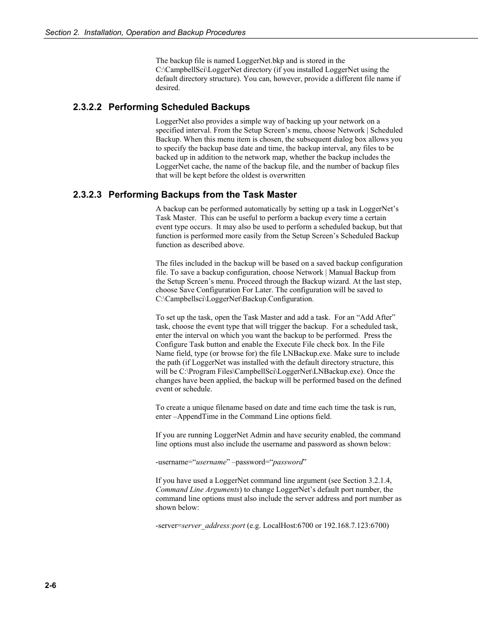 2 performing scheduled backups, 3 performing backups from the task master, Performing scheduled backups -6 | Performing backups from the task master -6 | Campbell Scientific LoggerNet Datalogger Support Software User Manual | Page 38 / 580