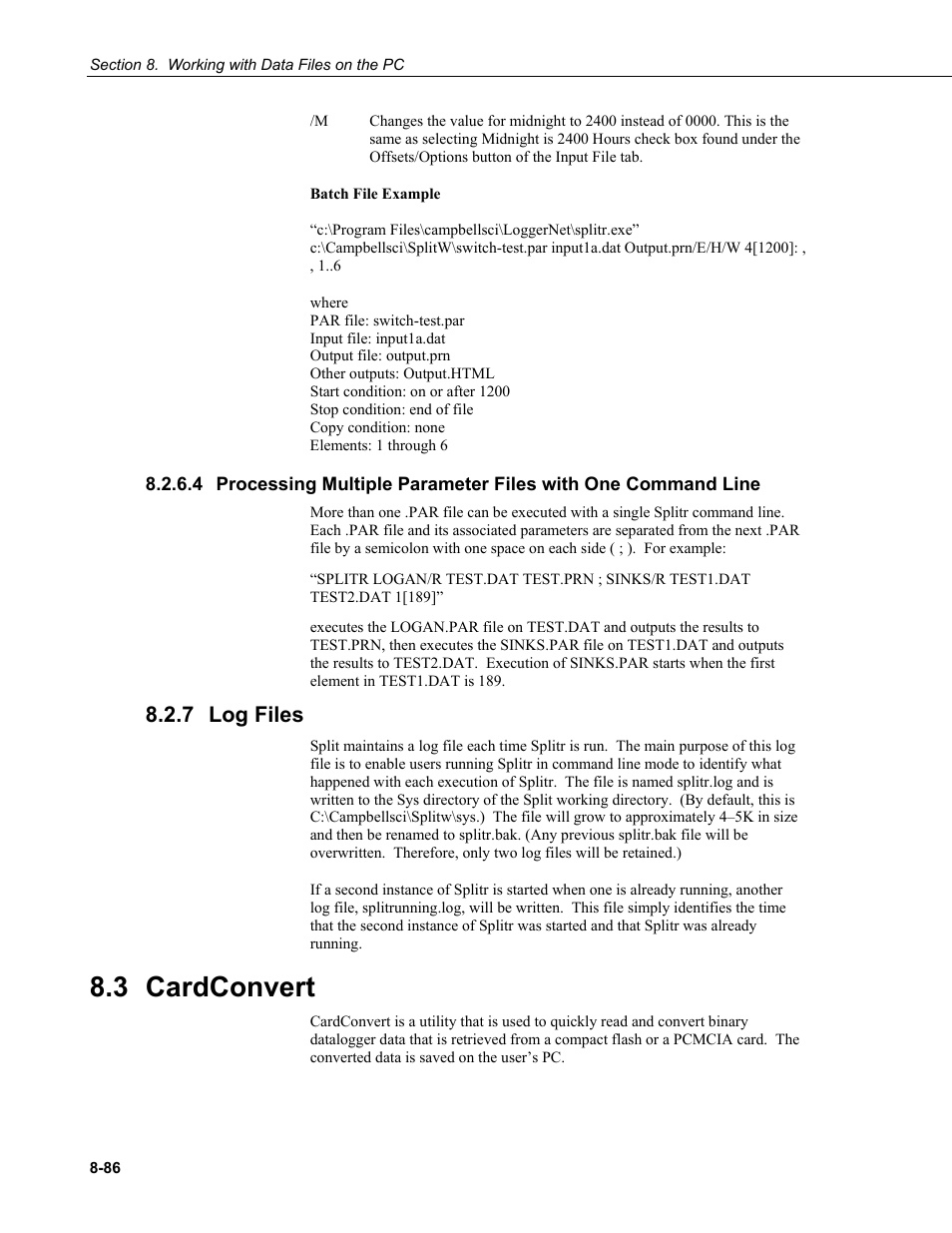 7 log files, 3 cardconvert, Processing multiple parameter files with one | Command line -86, Log files -86, Cardconvert -86 | Campbell Scientific LoggerNet Datalogger Support Software User Manual | Page 384 / 580