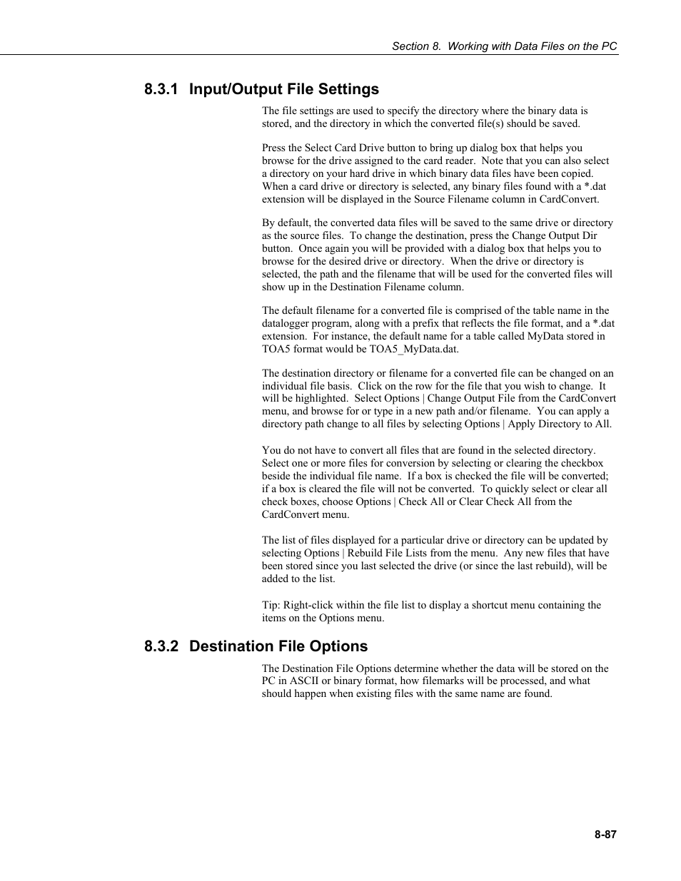 1 input/output file settings, 2 destination file options, Input/output file settings -87 | Destination file options -87 | Campbell Scientific LoggerNet Datalogger Support Software User Manual | Page 385 / 580