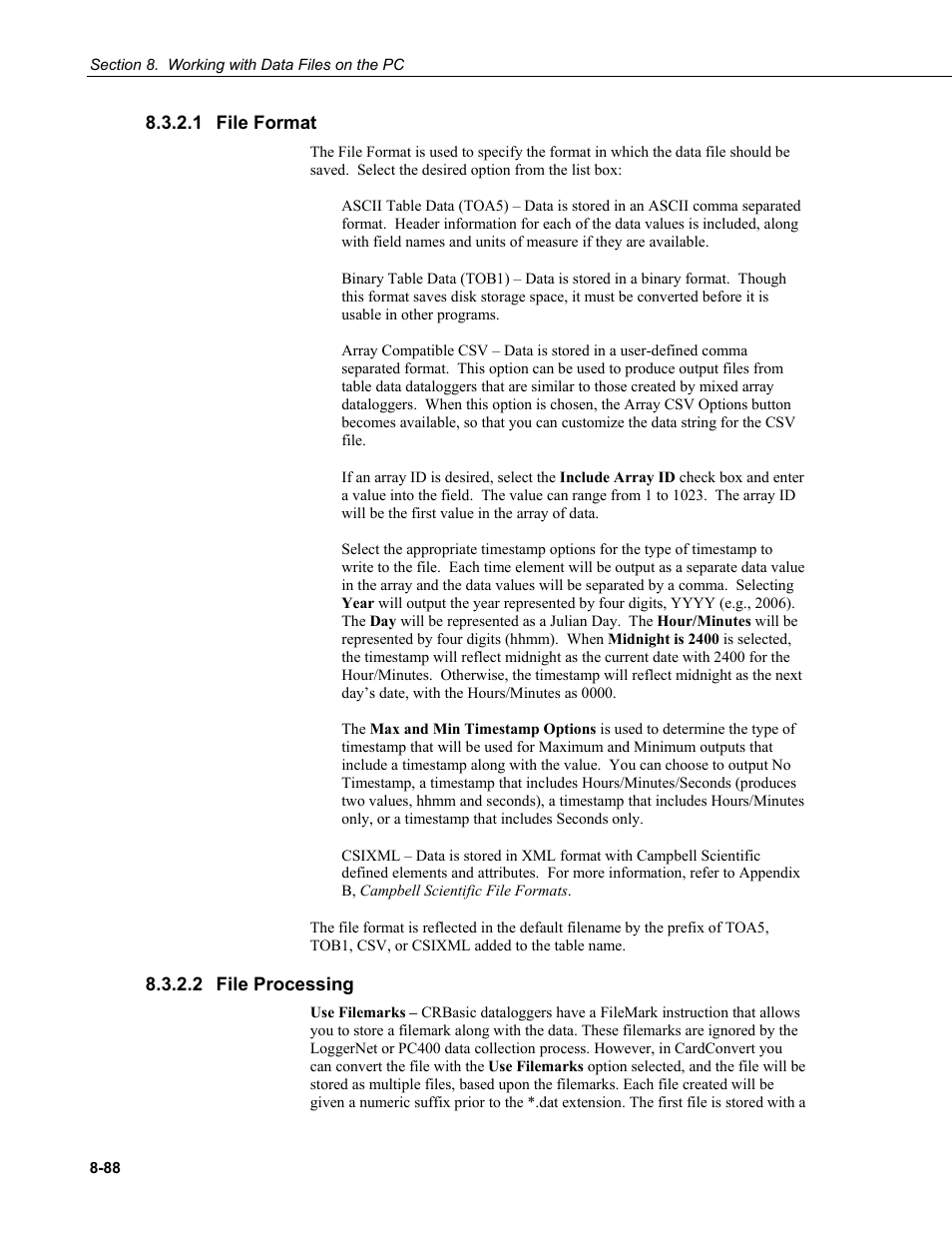 1 file format, 2 file processing, File format -88 | File processing -88 | Campbell Scientific LoggerNet Datalogger Support Software User Manual | Page 386 / 580