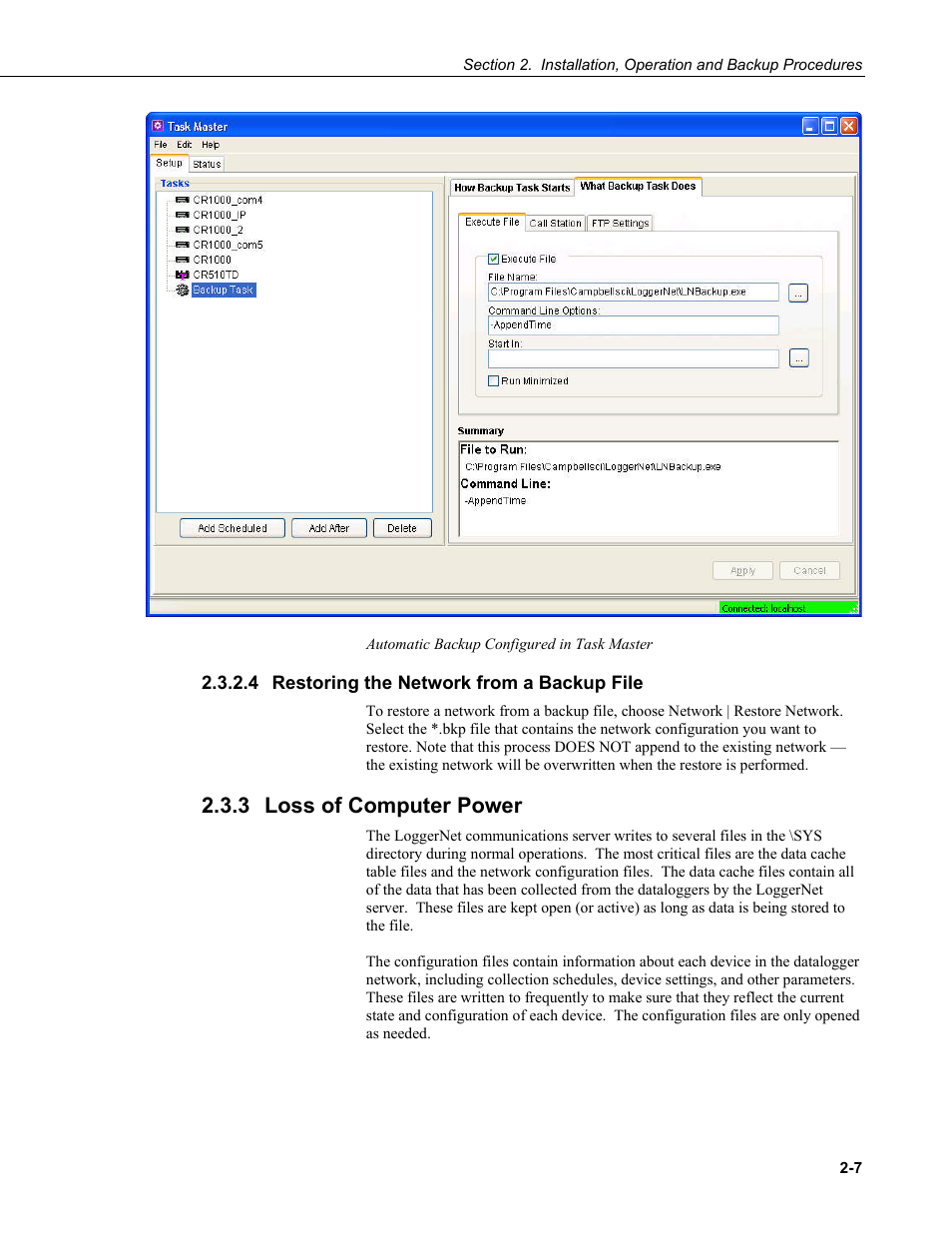 4 restoring the network from a backup file, 3 loss of computer power, Restoring the network from a backup file -7 | Loss of computer power -7 | Campbell Scientific LoggerNet Datalogger Support Software User Manual | Page 39 / 580
