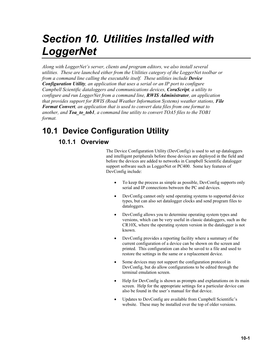 Section 10. utilities installed with loggernet, 1 device configuration utility, 1 overview | Utilities installed with loggernet -1, Device configuration utility -1, Overview -1 | Campbell Scientific LoggerNet Datalogger Support Software User Manual | Page 407 / 580