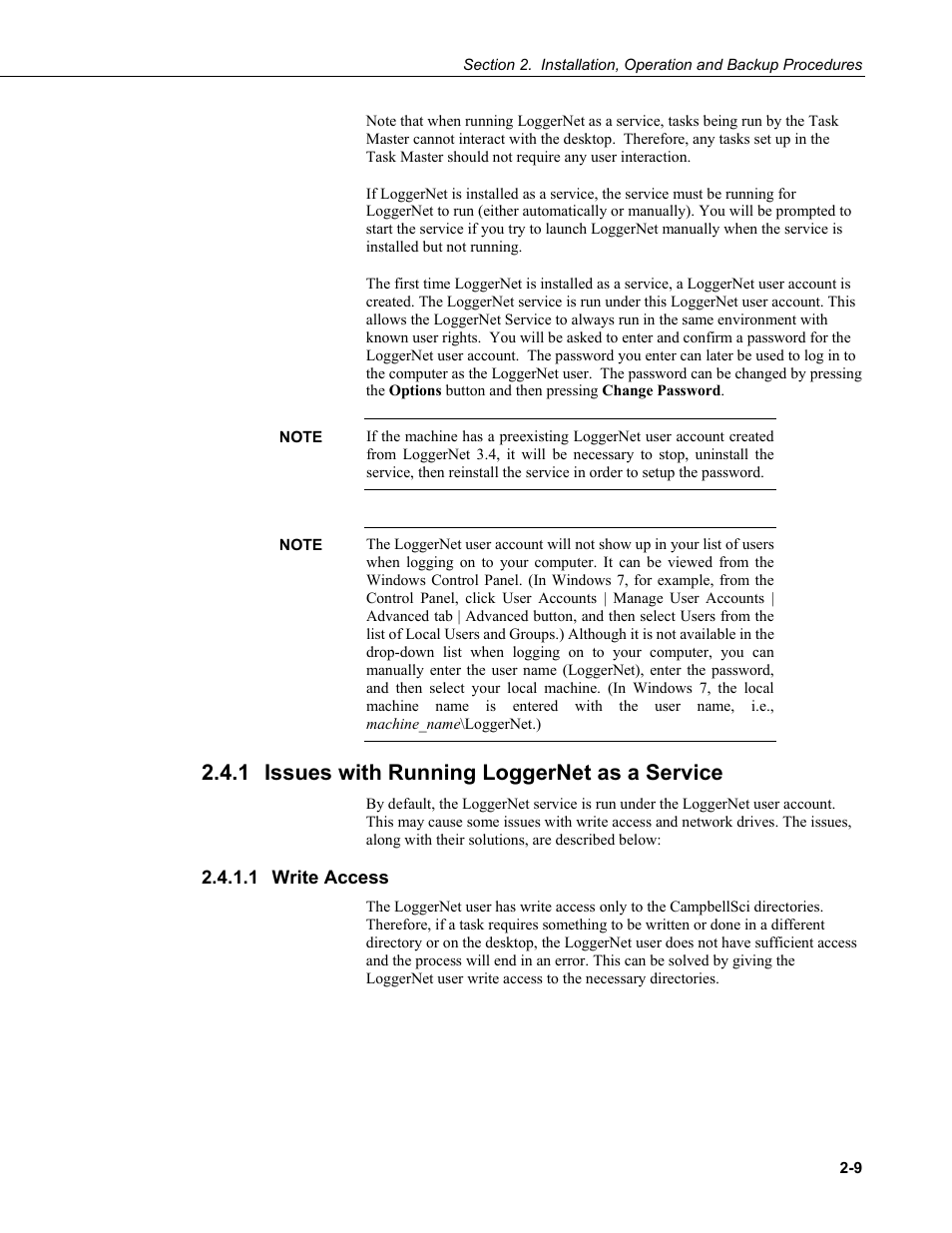1 issues with running loggernet as a service, 1 write access, Issues with running loggernet as a service -9 | Write access -9 | Campbell Scientific LoggerNet Datalogger Support Software User Manual | Page 41 / 580