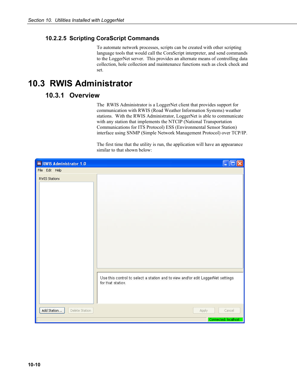 5 scripting corascript commands, 3 rwis administrator, 1 overview | Scripting corascript commands -10, Rwis administrator -10, Overview -10 | Campbell Scientific LoggerNet Datalogger Support Software User Manual | Page 416 / 580