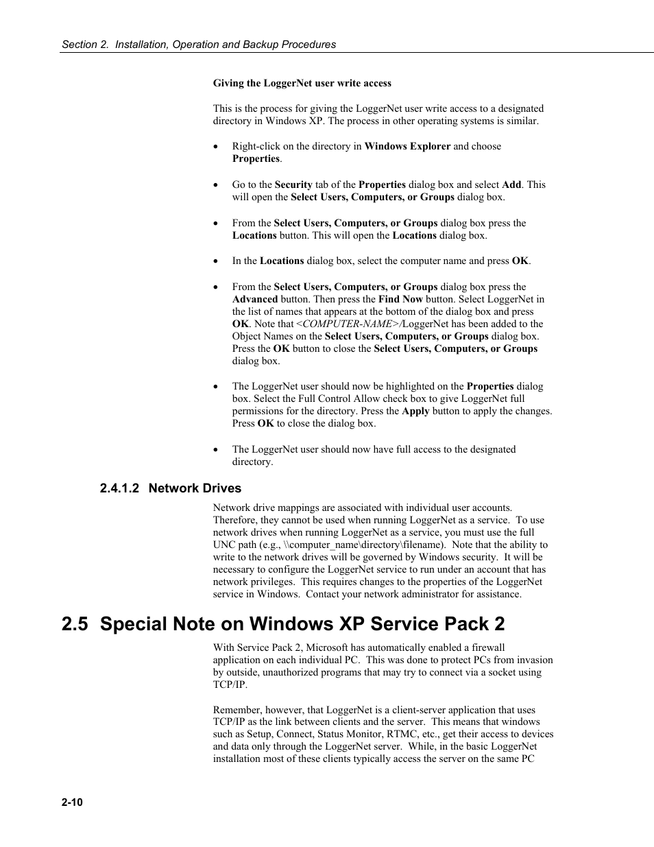 2 network drives, 5 special note on windows xp service pack 2, Network drives -10 | Special note on windows xp service pack 2 -10 | Campbell Scientific LoggerNet Datalogger Support Software User Manual | Page 42 / 580