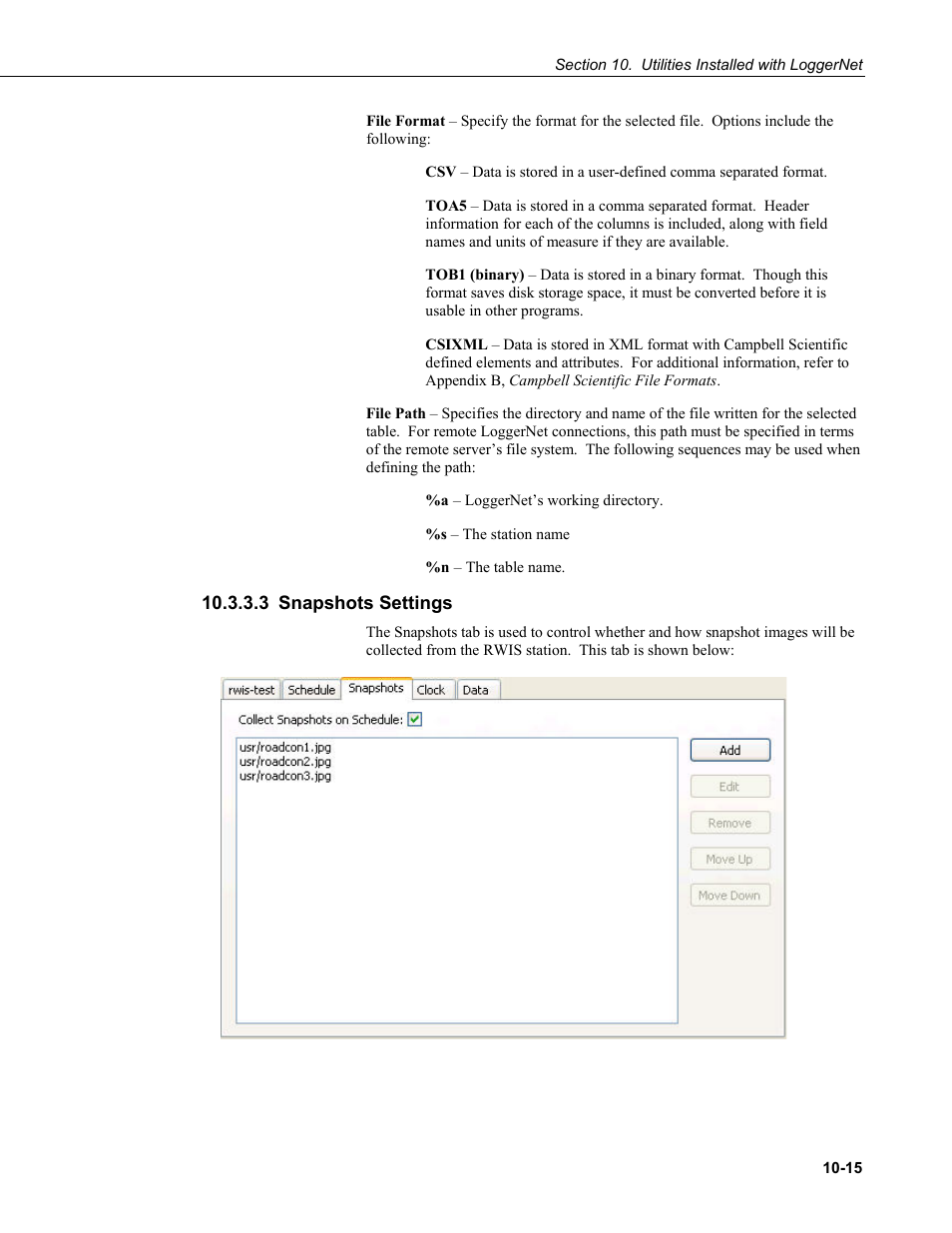 3 snapshots settings, Snapshots settings -15 | Campbell Scientific LoggerNet Datalogger Support Software User Manual | Page 421 / 580