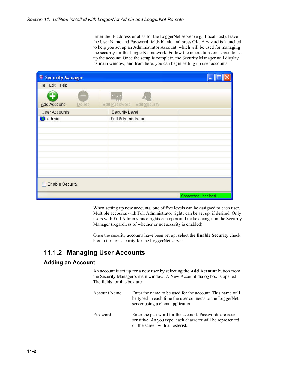 2 managing user accounts, Adding an account, Managing user accounts -2 | Adding an account -2 | Campbell Scientific LoggerNet Datalogger Support Software User Manual | Page 430 / 580