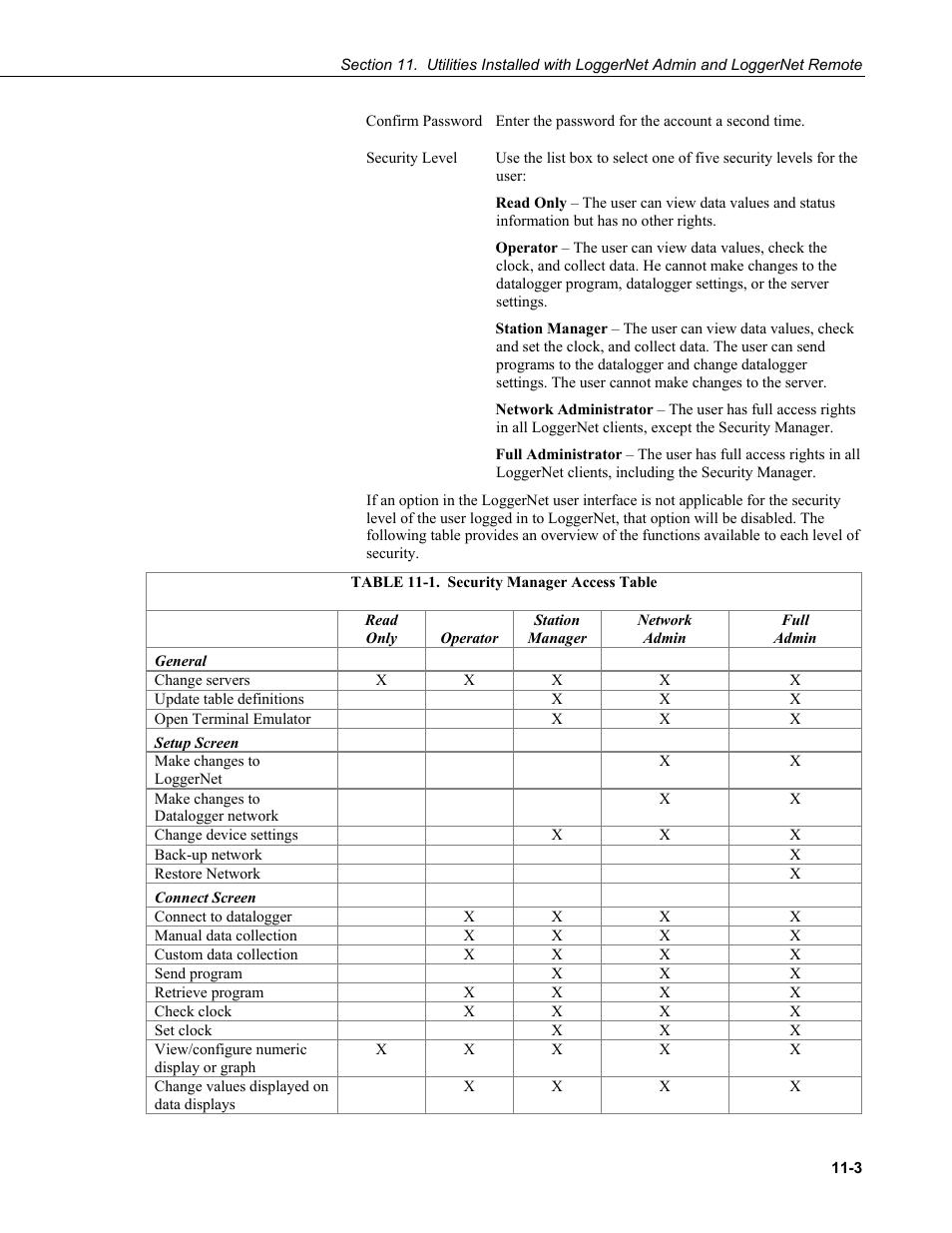 1. security manager access table -3 | Campbell Scientific LoggerNet Datalogger Support Software User Manual | Page 431 / 580
