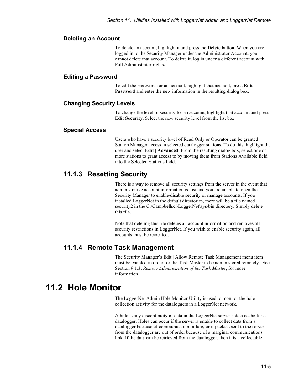 Deleting an account, Editing a password, Changing security levels | Special access, 3 resetting security, 4 remote task management, 2 hole monitor, Deleting an account -5, Editing a password -5, Changing security levels -5 | Campbell Scientific LoggerNet Datalogger Support Software User Manual | Page 433 / 580