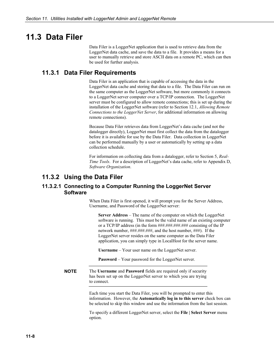 3 data filer, 1 data filer requirements, 2 using the data filer | Data filer -8, Data filer requirements -8, Using the data filer -8, Connecting to a computer running the loggernet, Server software -8 | Campbell Scientific LoggerNet Datalogger Support Software User Manual | Page 436 / 580