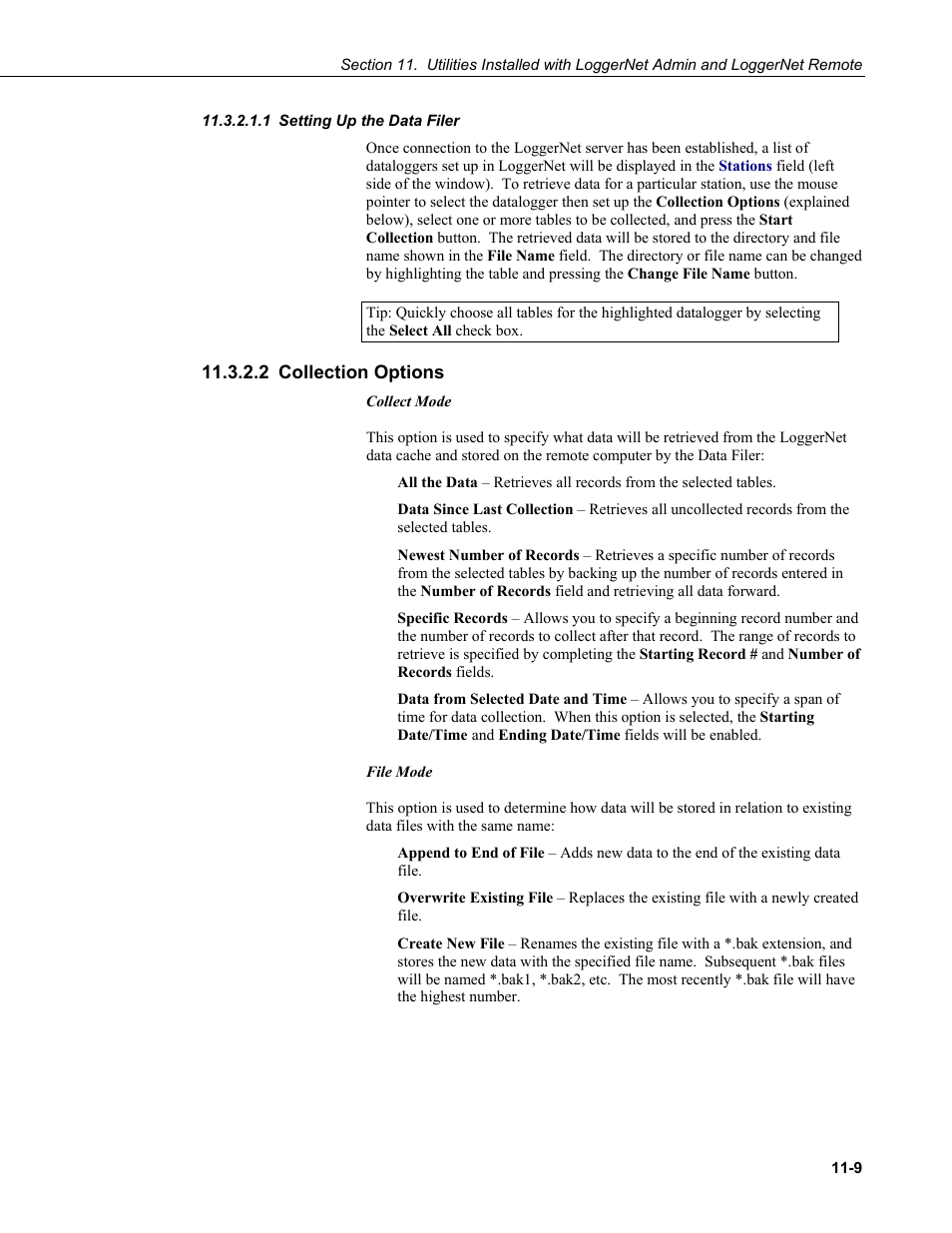 1 setting up the data filer, 2 collection options, Setting up the data filer -9 | Collection options -9 | Campbell Scientific LoggerNet Datalogger Support Software User Manual | Page 437 / 580