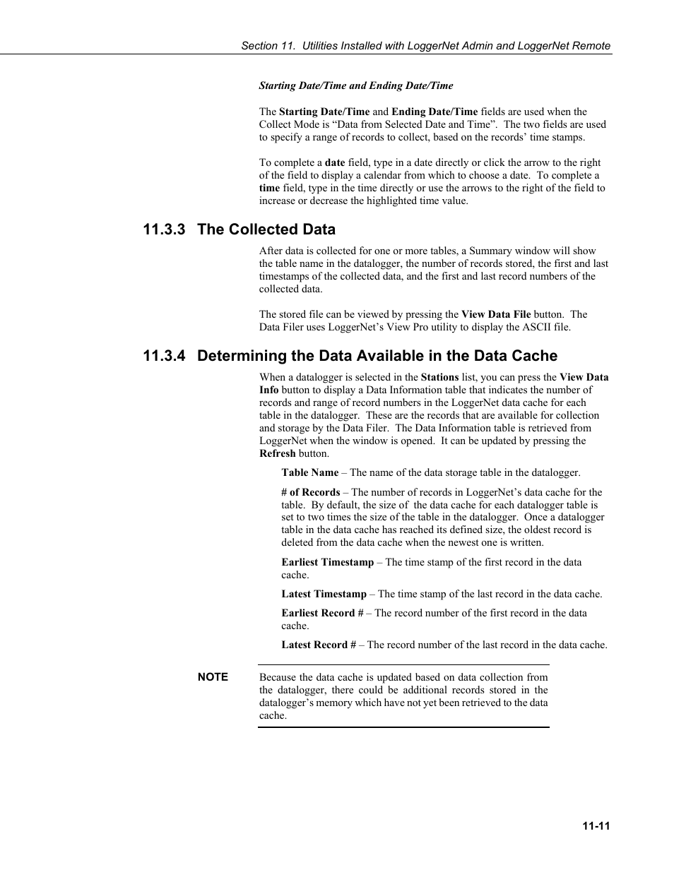 3 the collected data, 4 determining the data available in the data cache, The collected data -11 | Campbell Scientific LoggerNet Datalogger Support Software User Manual | Page 439 / 580