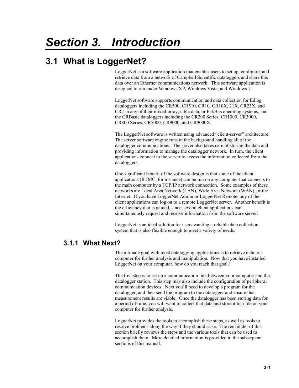 Section 3. introduction, 1 what is loggernet, 1 what next | Introduction -1, What is loggernet? -1, What next? -1 | Campbell Scientific LoggerNet Datalogger Support Software User Manual | Page 45 / 580