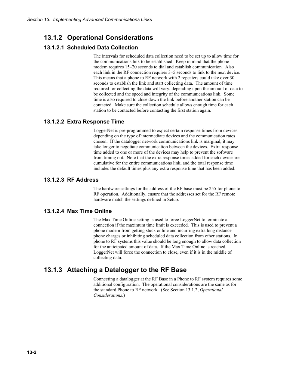 2 operational considerations, 1 scheduled data collection, 2 extra response time | 3 rf address, 4 max time online, 3 attaching a datalogger to the rf base, Operational considerations -2, Scheduled data collection -2, Extra response time -2, Rf address -2 | Campbell Scientific LoggerNet Datalogger Support Software User Manual | Page 456 / 580
