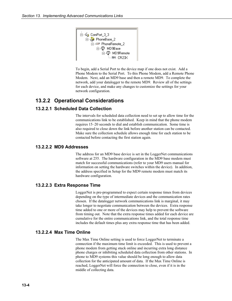 2 operational considerations, 1 scheduled data collection, 2 md9 addresses | 3 extra response time, 4 max time online, Operational considerations -4, Scheduled data collection -4, Md9 addresses -4, Extra response time -4, Max time online -4 | Campbell Scientific LoggerNet Datalogger Support Software User Manual | Page 458 / 580