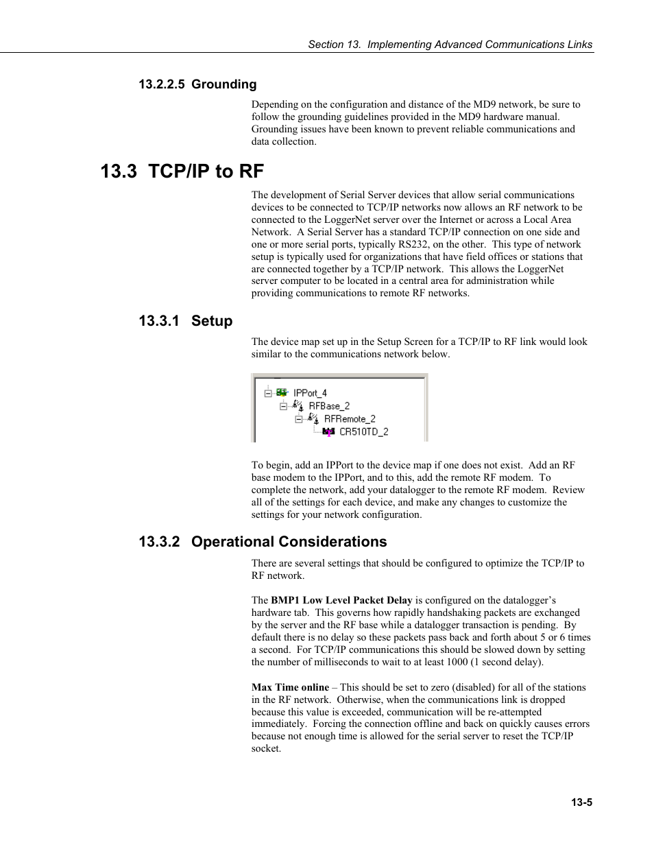 5 grounding, 3 tcp/ip to rf, 1 setup | 2 operational considerations, Grounding -5, Tcp/ip to rf -5, Setup -5, Operational considerations -5 | Campbell Scientific LoggerNet Datalogger Support Software User Manual | Page 459 / 580