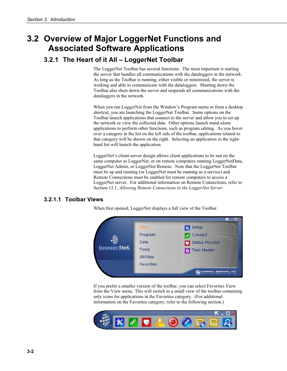 1 the heart of it all – loggernet toolbar, 1 toolbar views, Software applications -2 | The heart of it all – loggernet toolbar -2, Toolbar views -2 | Campbell Scientific LoggerNet Datalogger Support Software User Manual | Page 46 / 580