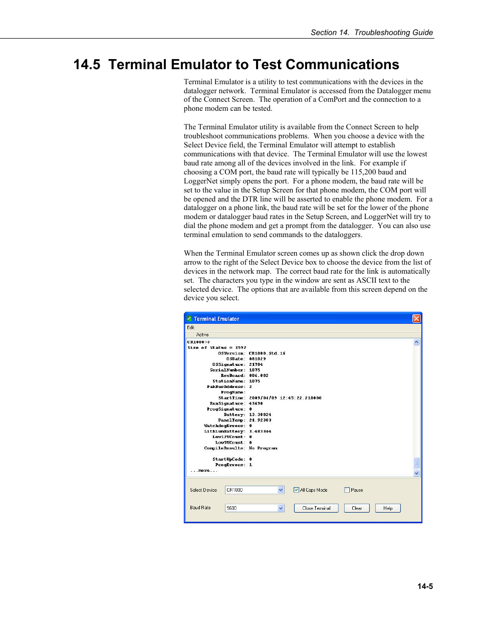 5 terminal emulator to test communications, Terminal emulator to test communications -5 | Campbell Scientific LoggerNet Datalogger Support Software User Manual | Page 467 / 580