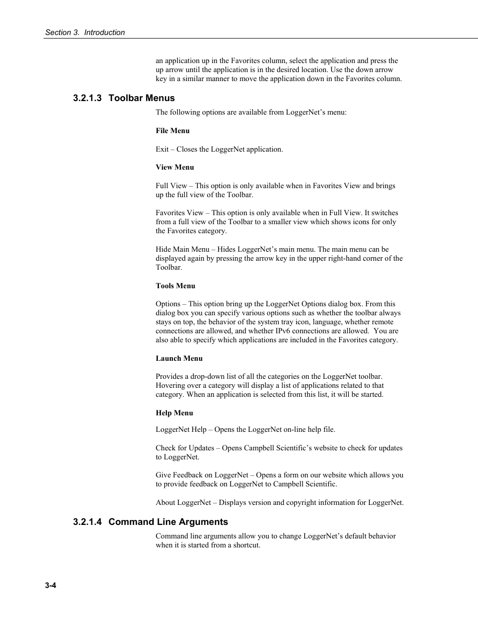 3 toolbar menus, 4 command line arguments, Toolbar menus -4 | Command line arguments -4 | Campbell Scientific LoggerNet Datalogger Support Software User Manual | Page 48 / 580