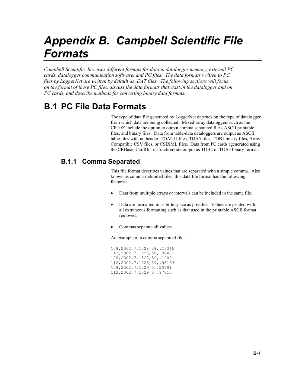 Appendix b. campbell scientific file formats, B.1 pc file data formats, B.1.1 comma separated | B.1.1 | Campbell Scientific LoggerNet Datalogger Support Software User Manual | Page 495 / 580
