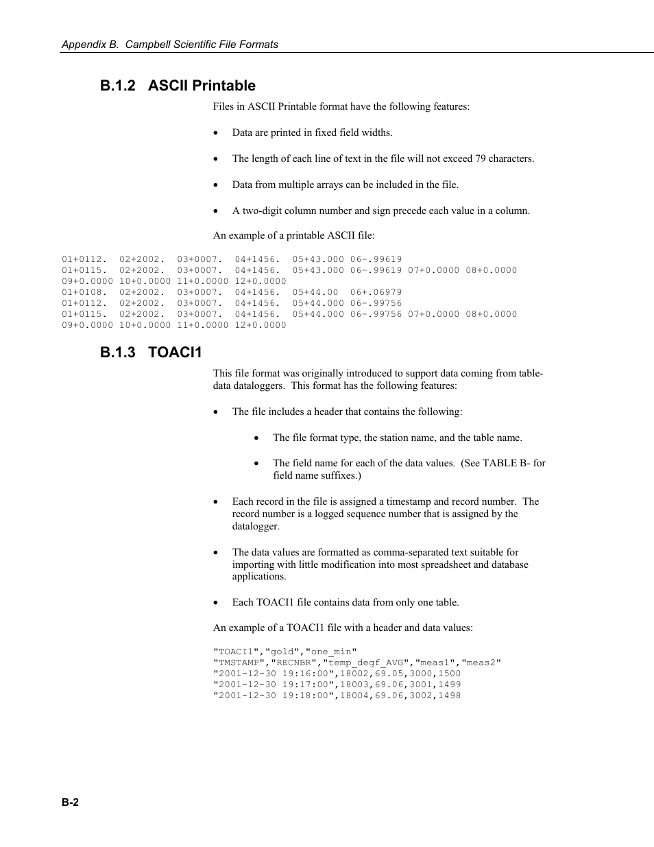 B.1.2 ascii printable, B.1.3 toaci1, B.1.2 | B.1.3 | Campbell Scientific LoggerNet Datalogger Support Software User Manual | Page 496 / 580