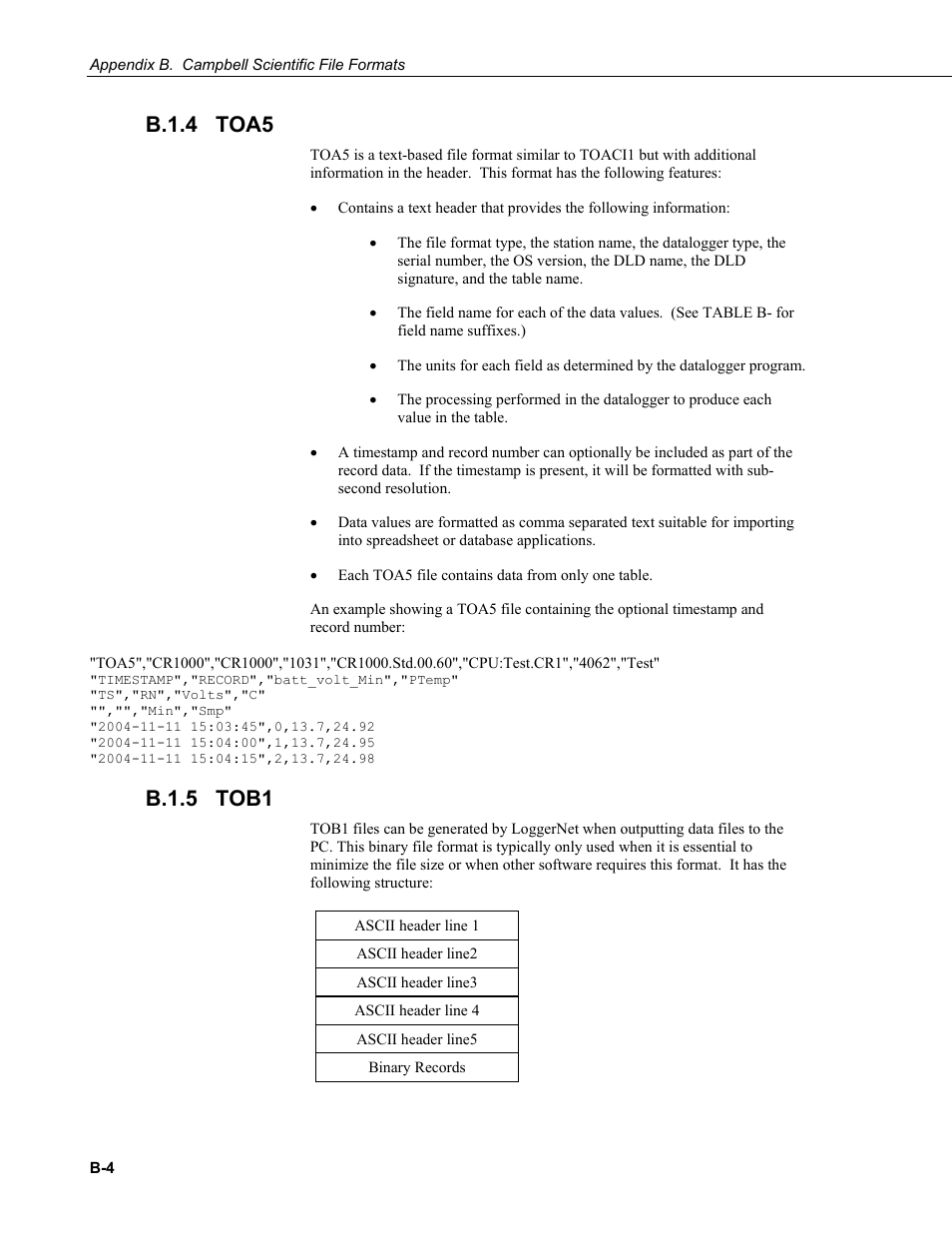 B.1.4 toa5, B.1.5 tob1, B.1.4 | B.1.5 | Campbell Scientific LoggerNet Datalogger Support Software User Manual | Page 498 / 580