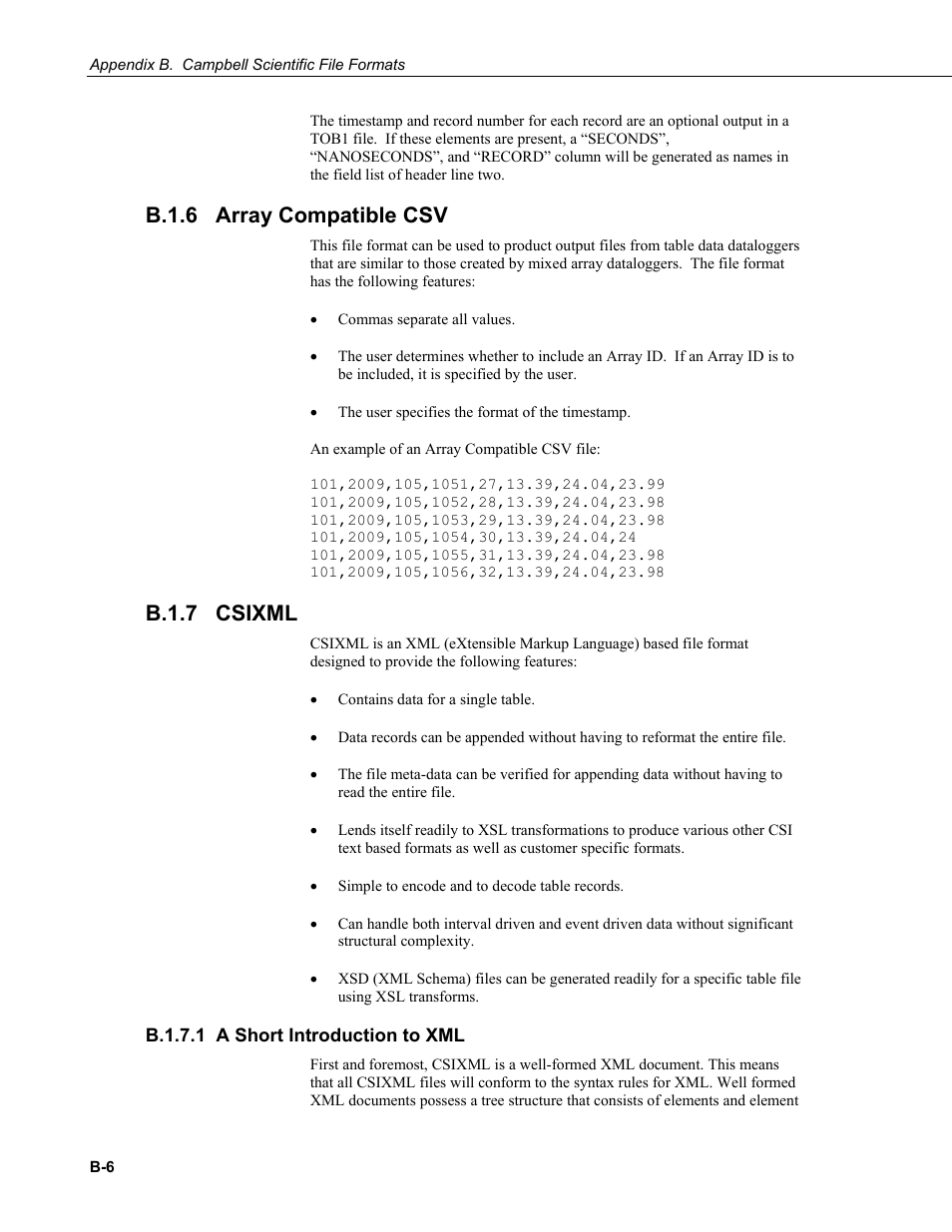 B.1.6 array compatible csv, B.1.7 csixml, B.1.7.1 a short introduction to xml | B.1.6, B.1.7, B.1.7.1 | Campbell Scientific LoggerNet Datalogger Support Software User Manual | Page 500 / 580