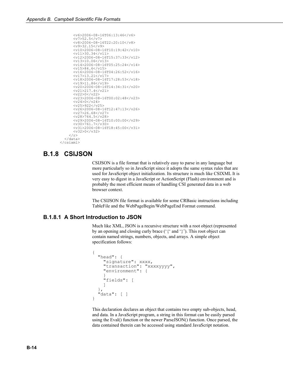 B.1.8 csijson, B.1.8.1 a short introduction to json, B.1.8 | B.1.8.1 | Campbell Scientific LoggerNet Datalogger Support Software User Manual | Page 508 / 580