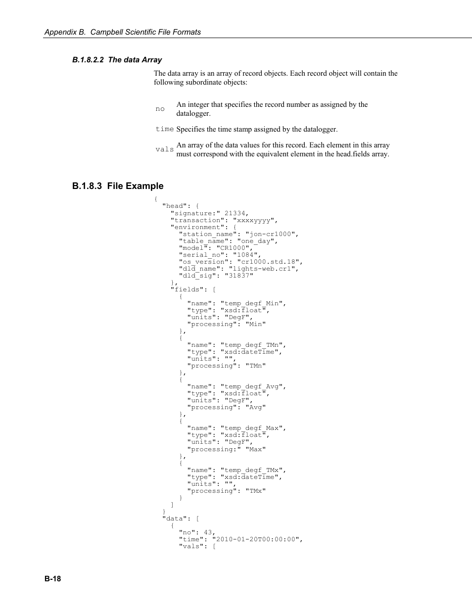 B.1.8.2.2 the data array, B.1.8.3 file example, B.1.8.3 | Campbell Scientific LoggerNet Datalogger Support Software User Manual | Page 512 / 580