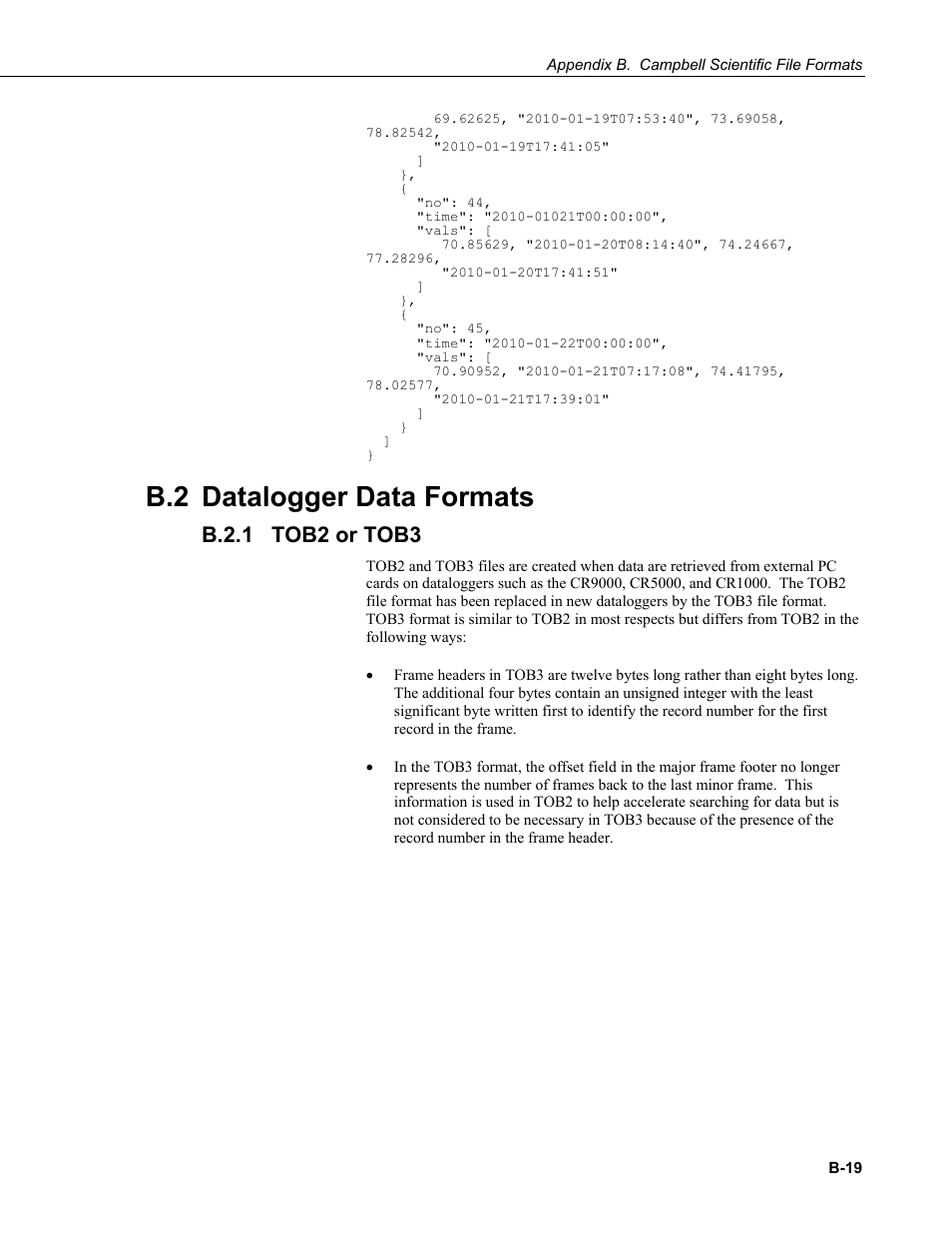 B.2 datalogger data formats, B.2.1 tob2 or tob3, B.2.1 | Campbell Scientific LoggerNet Datalogger Support Software User Manual | Page 513 / 580