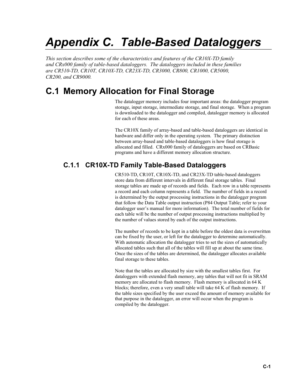 Appendix c. table-based dataloggers, C.1 memory allocation for final storage, C.1.1 cr10x-td family table-based dataloggers | C.1.1 | Campbell Scientific LoggerNet Datalogger Support Software User Manual | Page 519 / 580