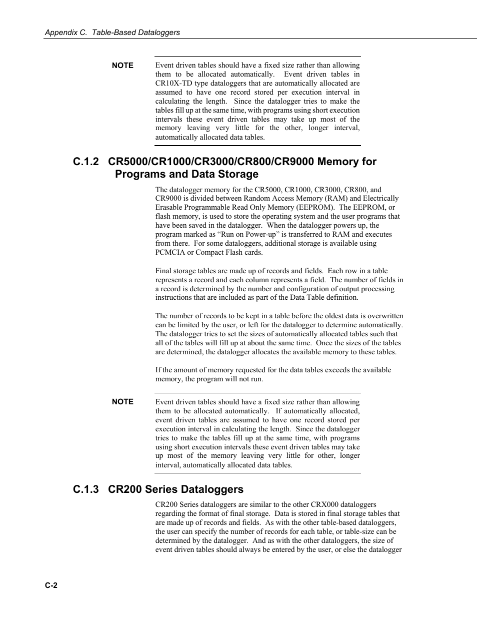 C.1.3 cr200 series dataloggers, C.1.2, Cr5000/cr1000/cr3000/cr800/cr9000 memory for | C.1.3 | Campbell Scientific LoggerNet Datalogger Support Software User Manual | Page 520 / 580