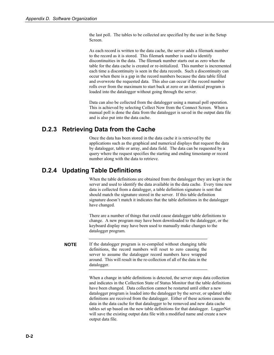 D.2.3 retrieving data from the cache, D.2.4 updating table definitions, D.2.3 | D.2.4 | Campbell Scientific LoggerNet Datalogger Support Software User Manual | Page 530 / 580