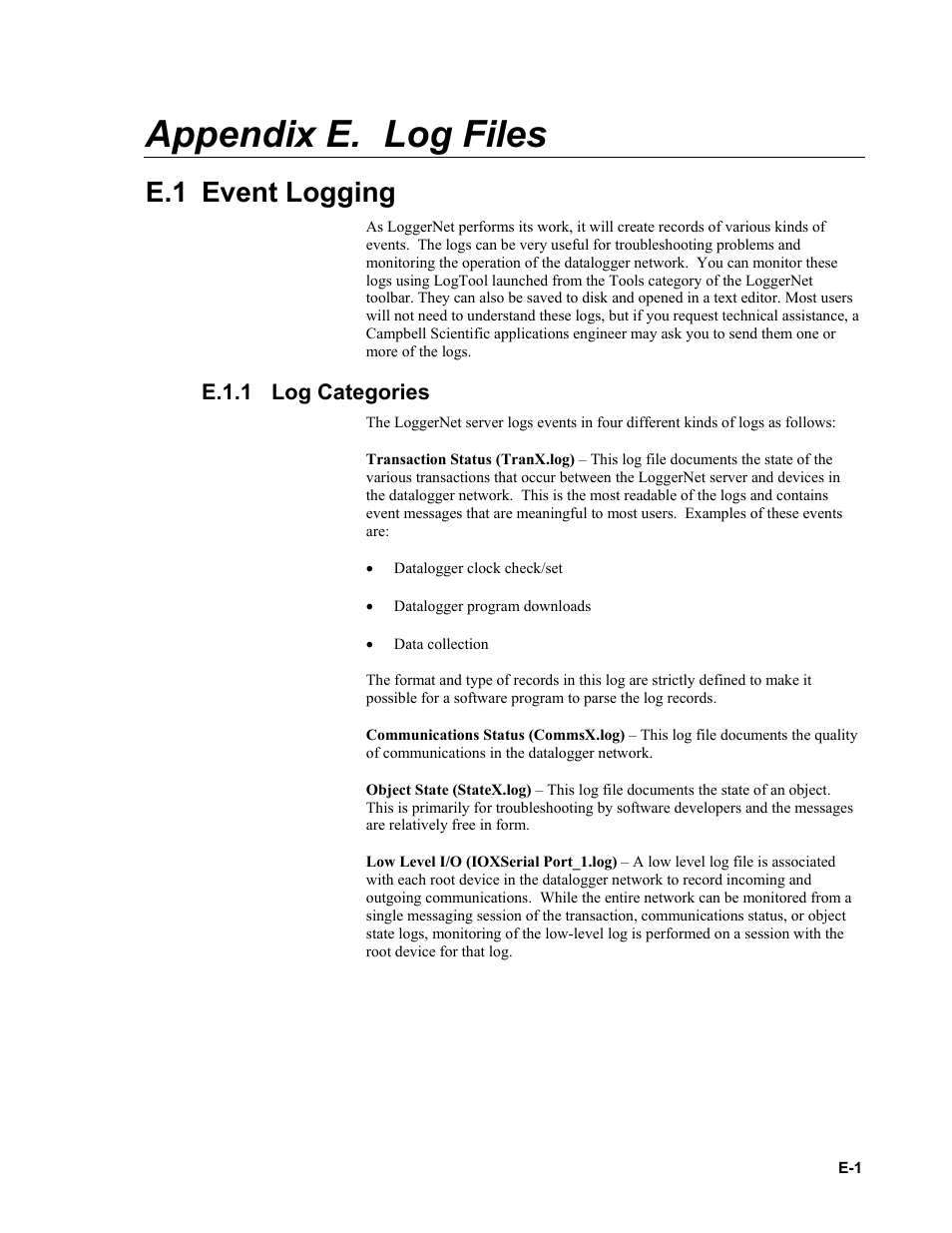 Appendix e. log files, E.1 event logging, E.1.1 log categories | E.1.1 | Campbell Scientific LoggerNet Datalogger Support Software User Manual | Page 533 / 580