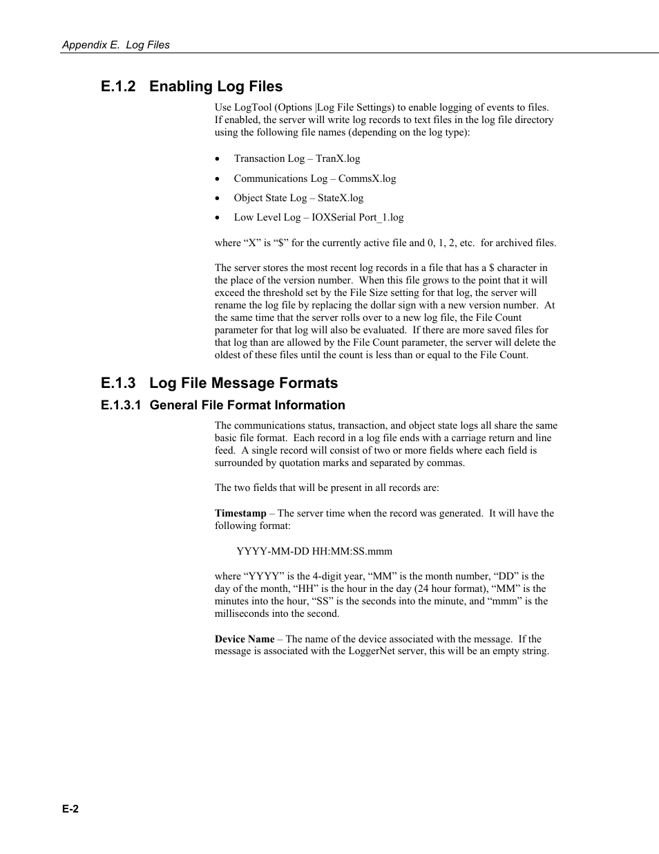 E.1.2 enabling log files, E.1.3 log file message formats, E.1.3.1 general file format information | E.1.2, E.1.3, E.1.3.1 | Campbell Scientific LoggerNet Datalogger Support Software User Manual | Page 534 / 580