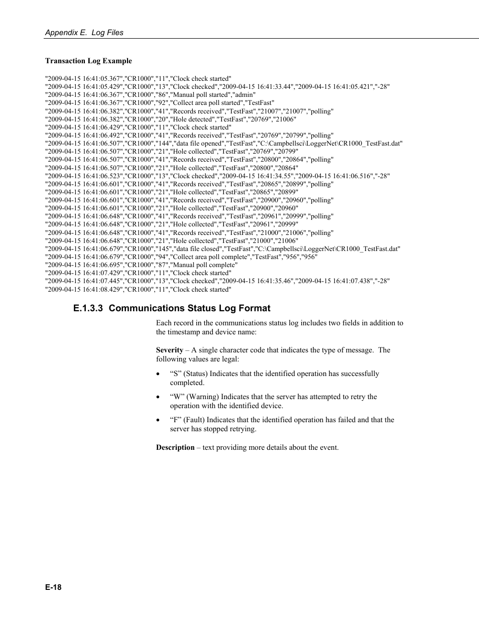 E.1.3.3 communications status log format, E.1.3.3 | Campbell Scientific LoggerNet Datalogger Support Software User Manual | Page 550 / 580