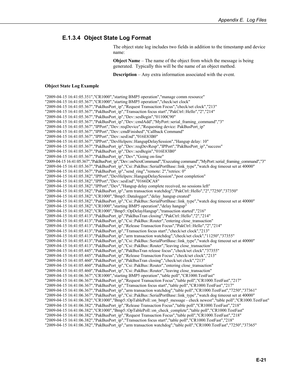 E.1.3.4 object state log format, E.1.3.4 | Campbell Scientific LoggerNet Datalogger Support Software User Manual | Page 553 / 580