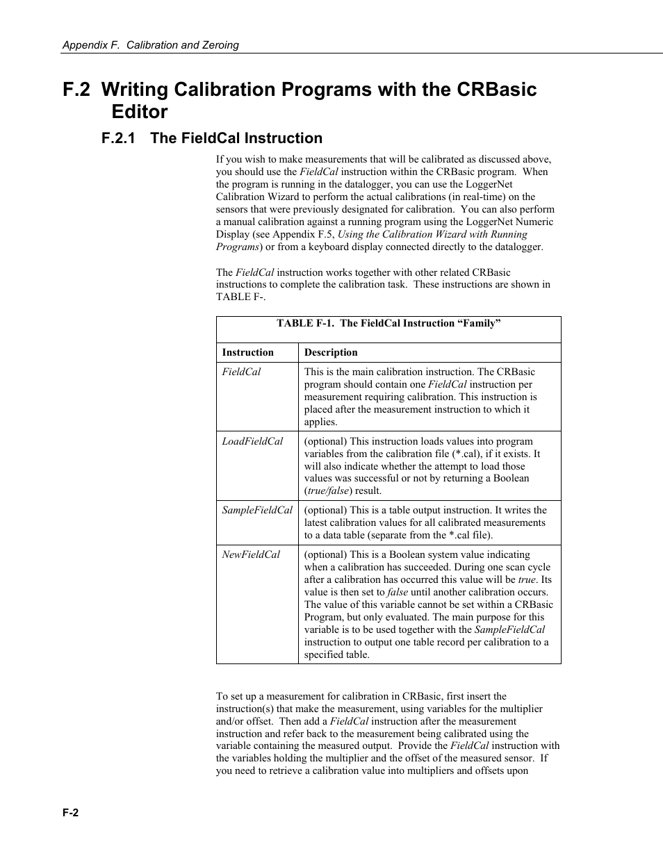 F.2.1 the fieldcal instruction, F.2.1 | Campbell Scientific LoggerNet Datalogger Support Software User Manual | Page 556 / 580