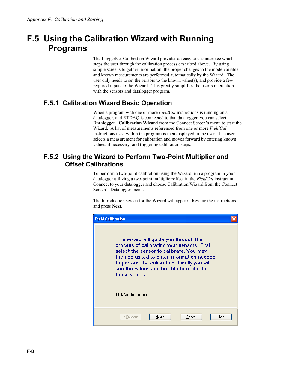 F.5.1 calibration wizard basic operation, F.5.1, F.5.2 | Campbell Scientific LoggerNet Datalogger Support Software User Manual | Page 562 / 580