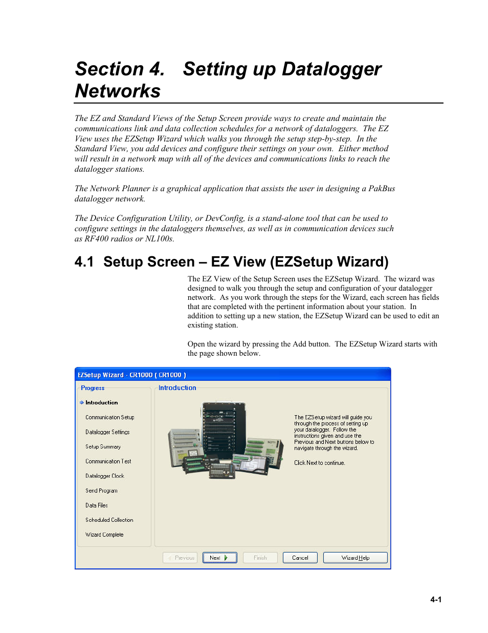 Section 4. setting up datalogger networks, 1 setup screen – ez view (ezsetup wizard), Setting up datalogger networks -1 | Setup screen – ez view (ezsetup wizard) -1 | Campbell Scientific LoggerNet Datalogger Support Software User Manual | Page 57 / 580