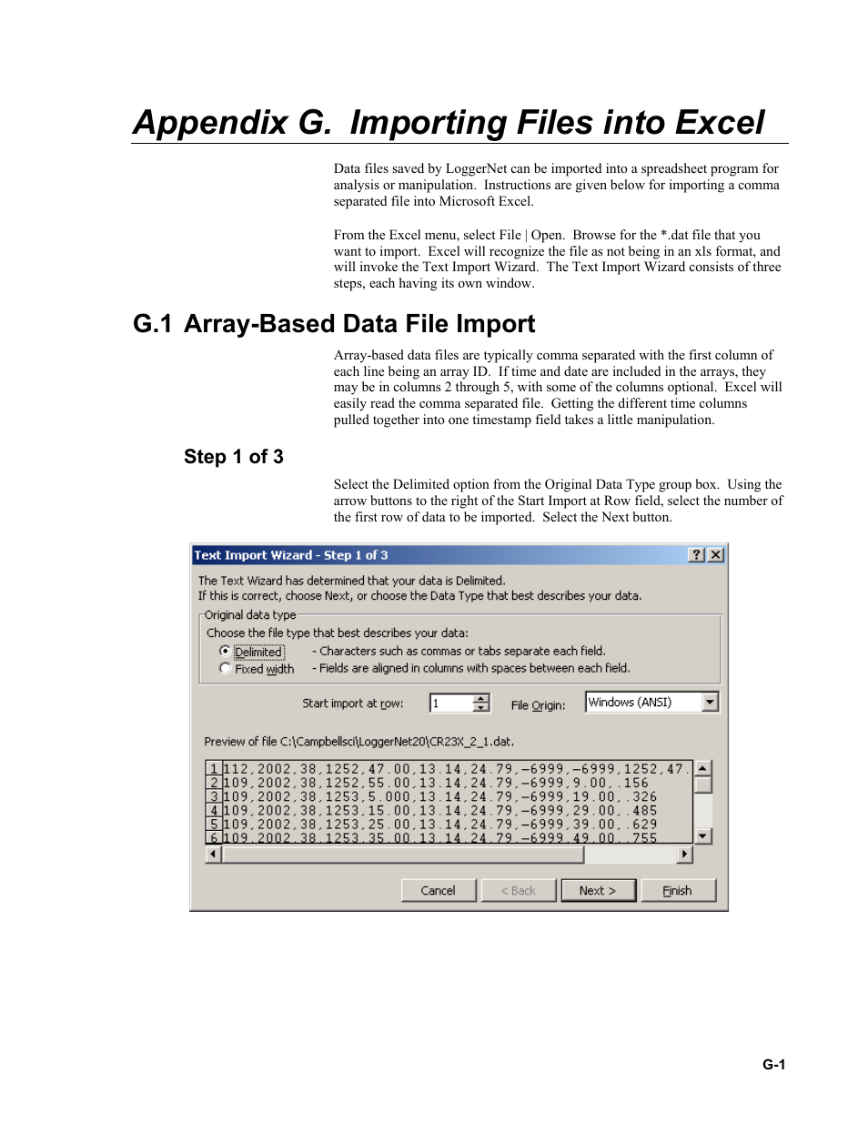 Appendix g. importing files into excel, G.1 array-based data file import, Step 1 of 3 | Campbell Scientific LoggerNet Datalogger Support Software User Manual | Page 571 / 580
