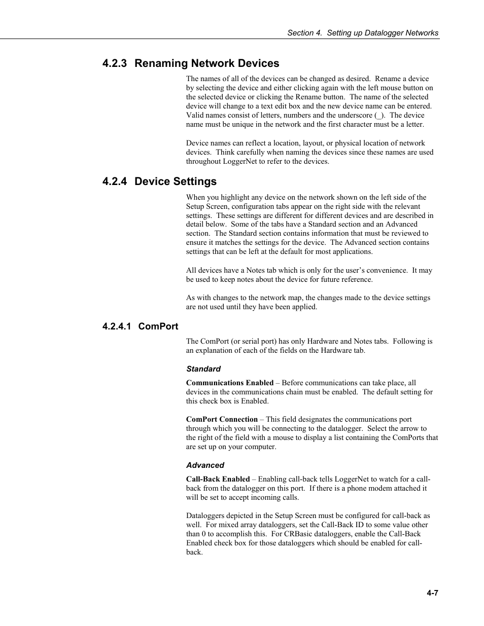 3 renaming network devices, 4 device settings, 1 comport | Renaming network devices -7, Device settings -7, Comport -7 | Campbell Scientific LoggerNet Datalogger Support Software User Manual | Page 63 / 580