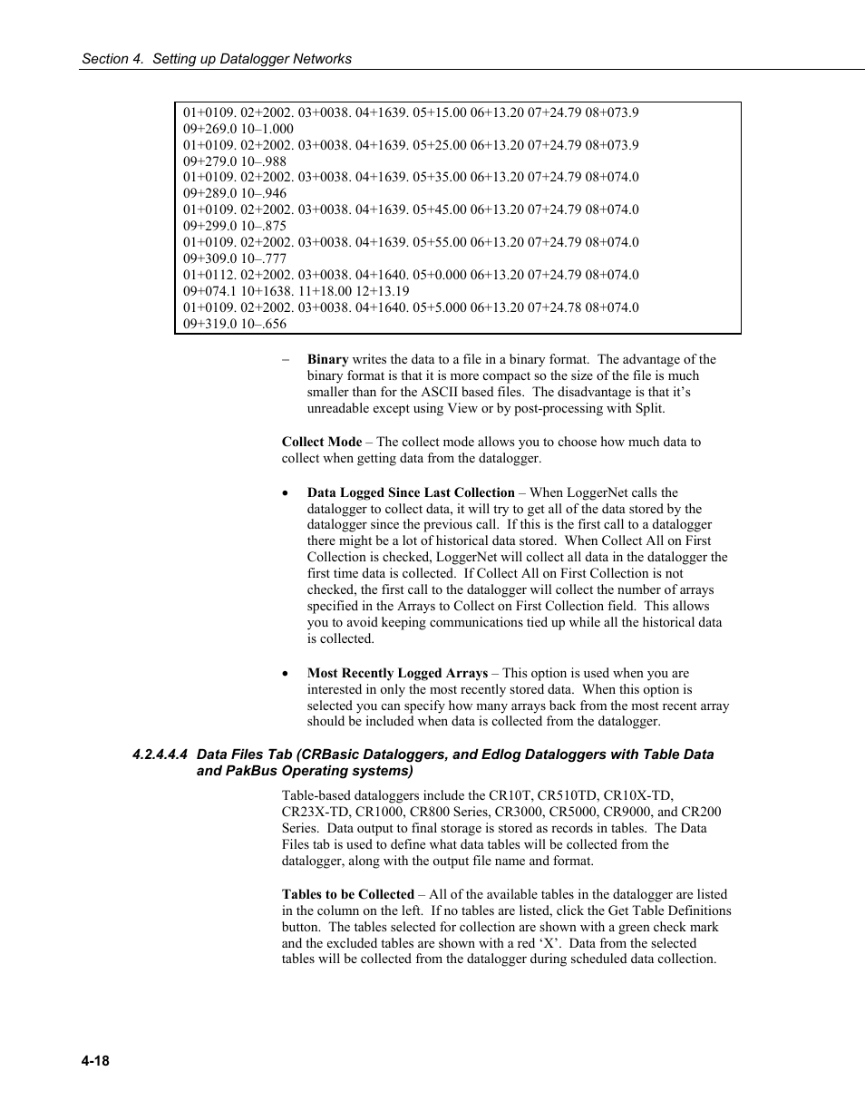 Data files tab (crbasic dataloggers, and, Edlog dataloggers with table data and, Pakbus operating systems) -18 | Campbell Scientific LoggerNet Datalogger Support Software User Manual | Page 74 / 580