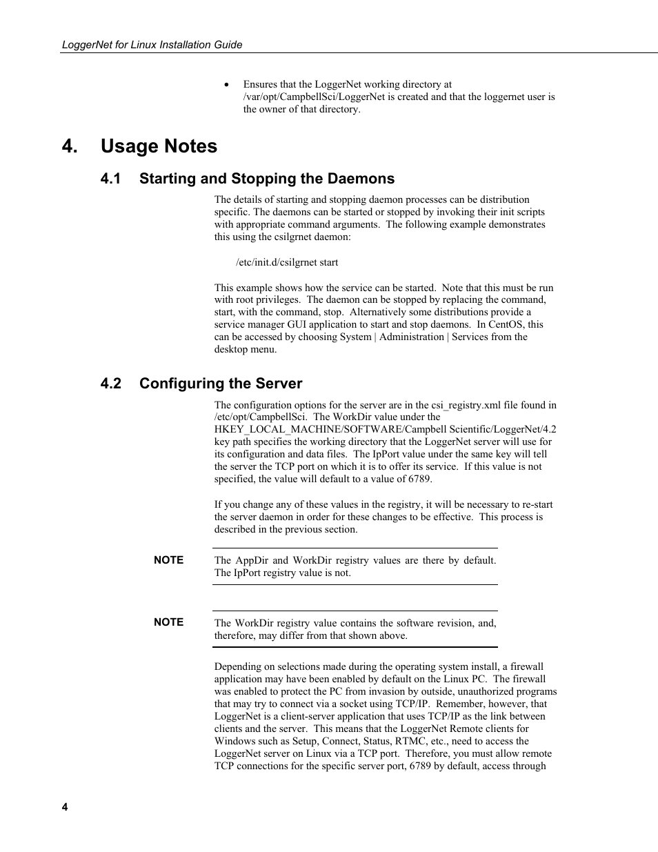 Usage notes, 1 starting and stopping the daemons, 2 configuring the server | Starting and stopping the daemons, Configuring the server | Campbell Scientific LoggerNet for Linux Installation Guide User Manual | Page 8 / 12